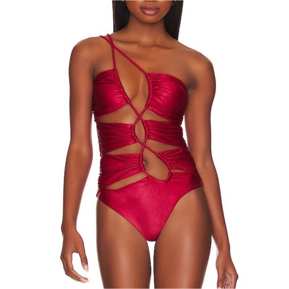 DEVON WINDSOR NWT Waverly Full-Piece Asymmetrical Swimsuit in Ruby Red Size M
